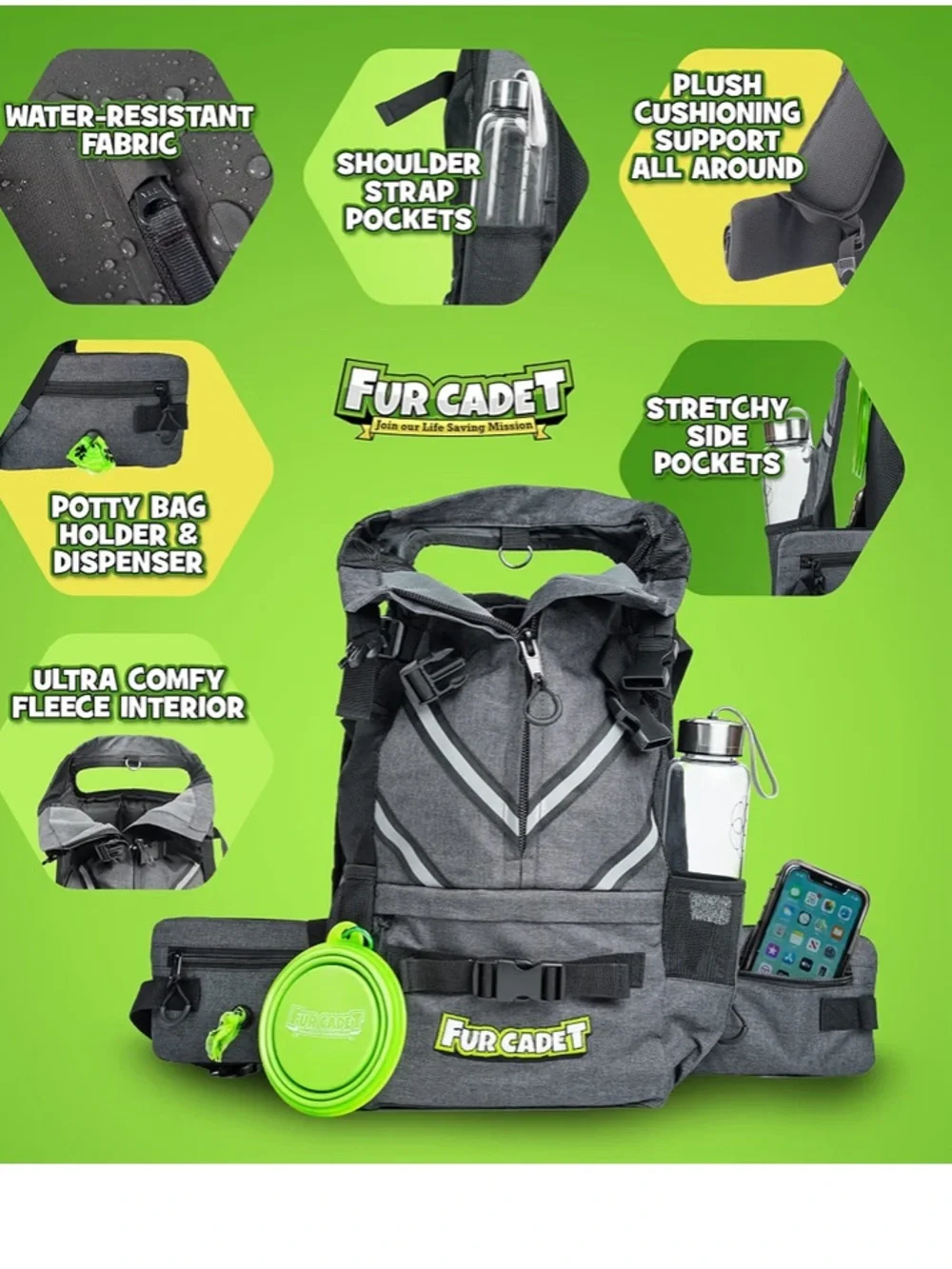 NIB Dog Backpack Fur CadetDog Gray Black Medium reflective Carrier‎ M medium